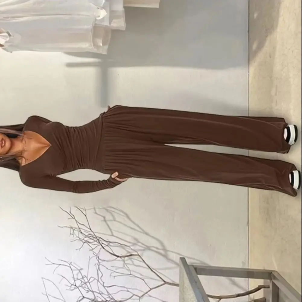 

2025 Women Two Piece Set Autumn Trendy Women's 2 Piece Lounge Sets V Neck Long Sleeve Top And Wide Leg Pants Set Casual Outfits