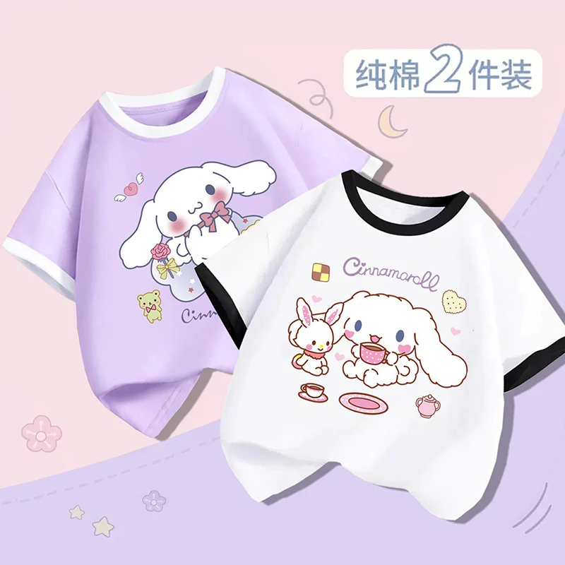 2Pcs Kawaii Cinnamoroll Short Sleeve Girls Summer Cotton T-Shirt Cute Cartoon Children Clothes Loose Half-Sleeved Tops for Kids