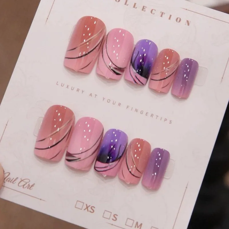Pink Purple Gradient Line Smudge Press On Nails,Simple Art‑style Medium Short Square False Nails,Removable Reusable Trendy Manic