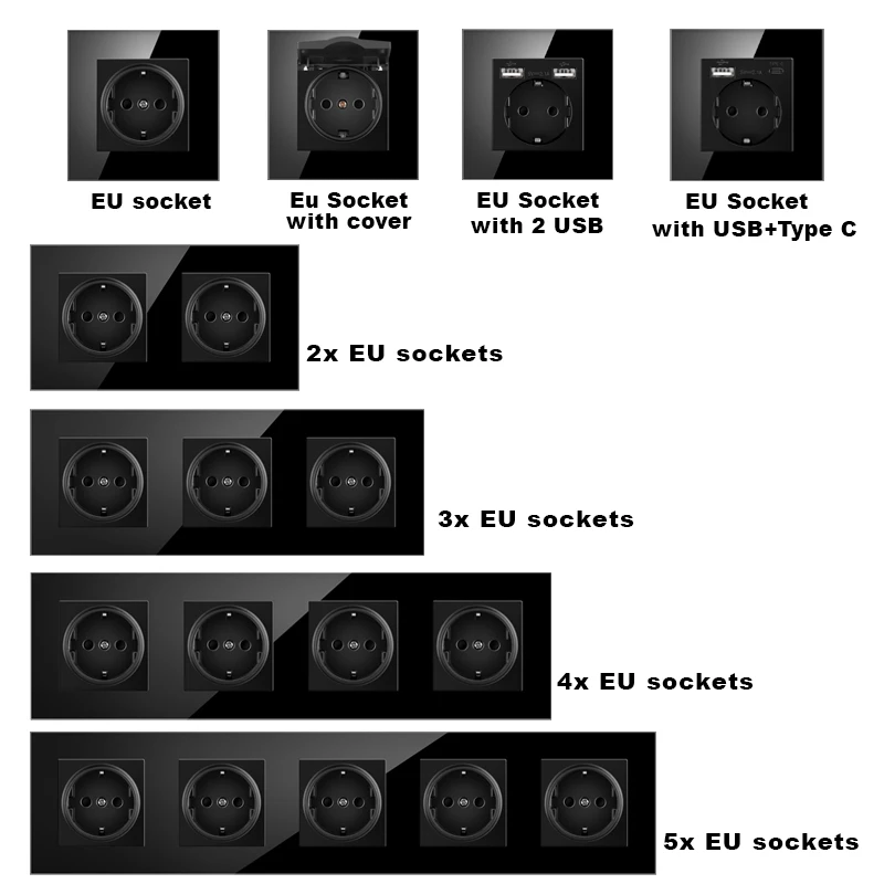 NYWP EU power socket, plug with 2.1a 16A USB charging port, glass panel, Russian Spanish power socket