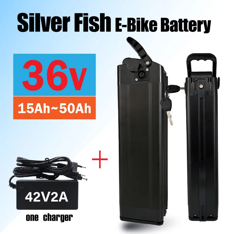 Brand new DC plug socket 36v 15ah-50ah 2-pin Silver fish lithium battery electric bicycle 36v18650 battery with charger