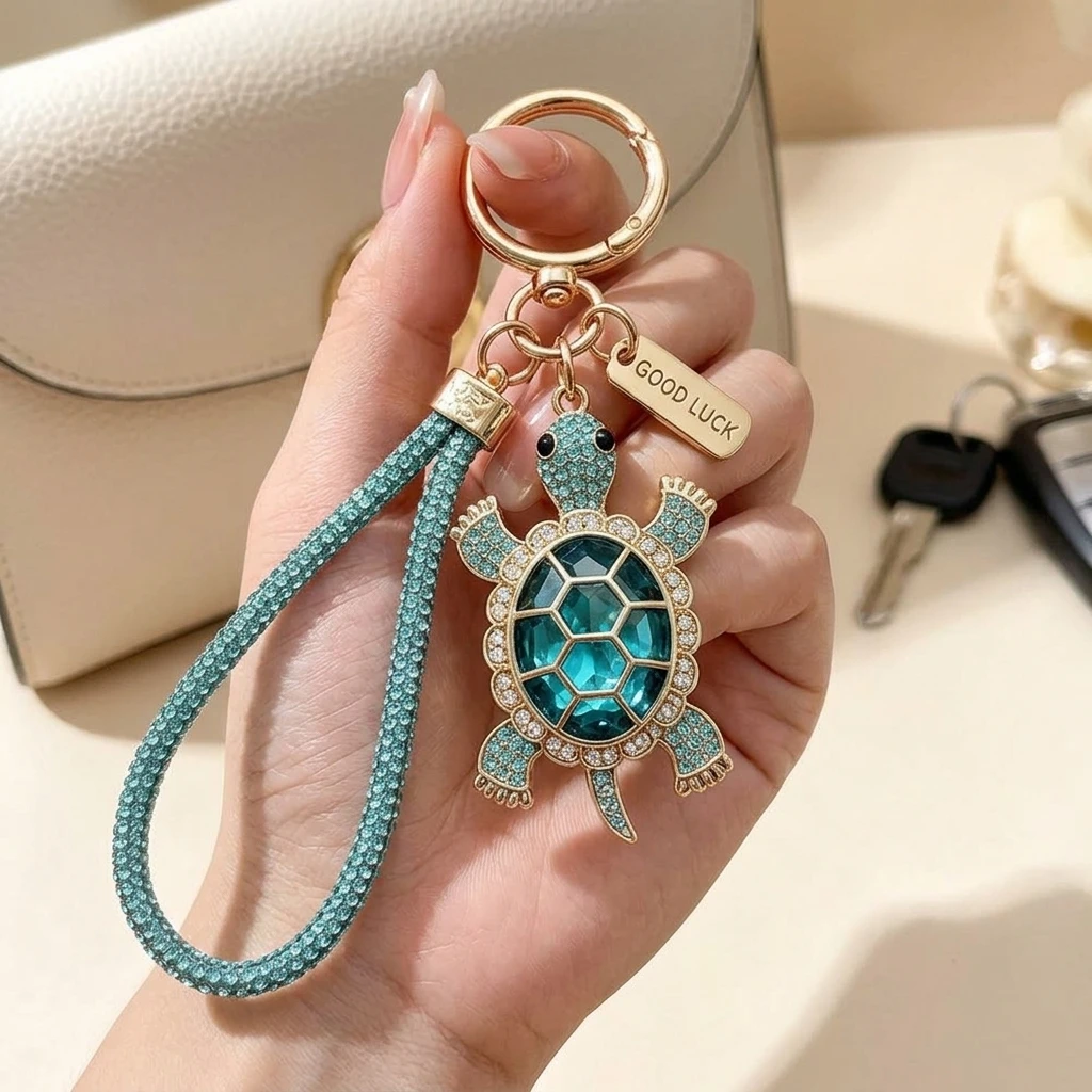 Bag Charm Decorative Keychain for Birthday Gifts 3D Rhinestone Sea Turtle Pendant Cute Alloy Ocean Animal Key Ring Accessories