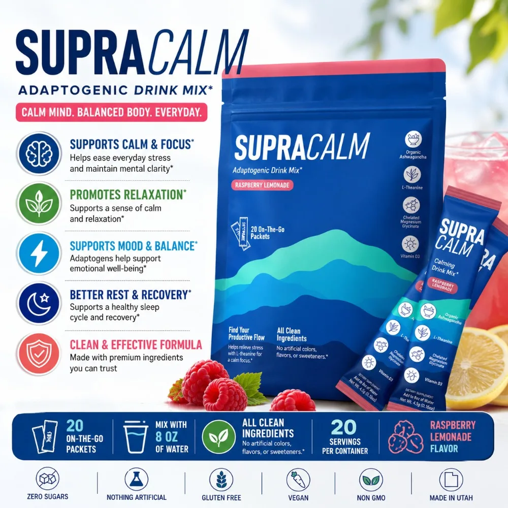 Adaptogenic Drink Mix Raspberry Lemonade, 20 Stick Packs, L-Theanine 400mg, Magnesium Glycinate, Vitamin D3, Ashwagandha, Vegan