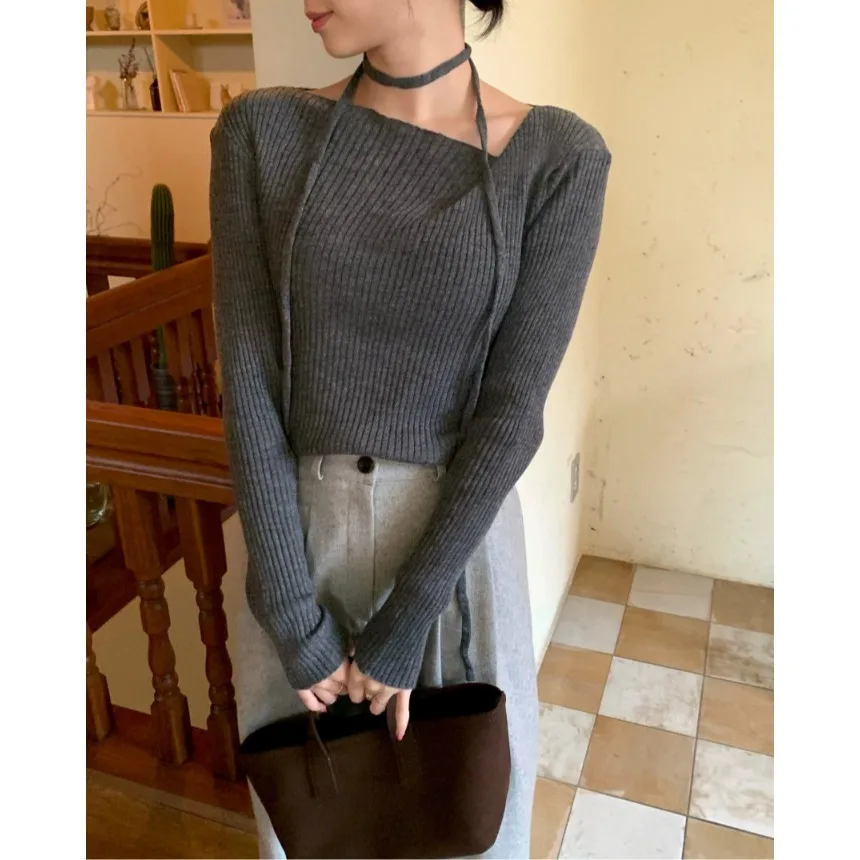 

Chic V-Ne Long Sve Knitted Sweater Women's Slimming Faionable Autumn Winter Design Belted Top Korean Sle Regular Fit