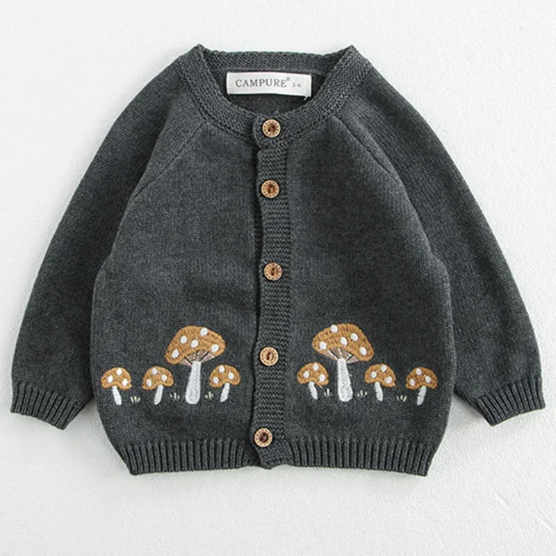 Autumn Baby Boys Kint Cardigan New Winter Baby Girls Knitted Sweaters Embroidery Mushroom Toddlers Kids Cotton Cardigan Coats