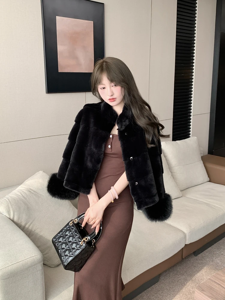 Manteau ample en Faux poils de vison pour femme, col rond, manchettes en fausse fourrure de renard, manches longues, vêtements d'extérieur courts et doux, automne et hiver