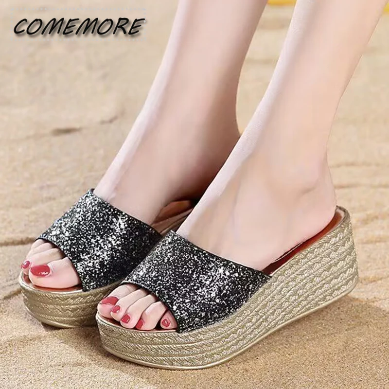 Gold Silver Luxury Sequins Wedges Slippers for Women’s 2024 Summer Open Toe Platform Sandals Woman High Heeled Slides Ladies 40