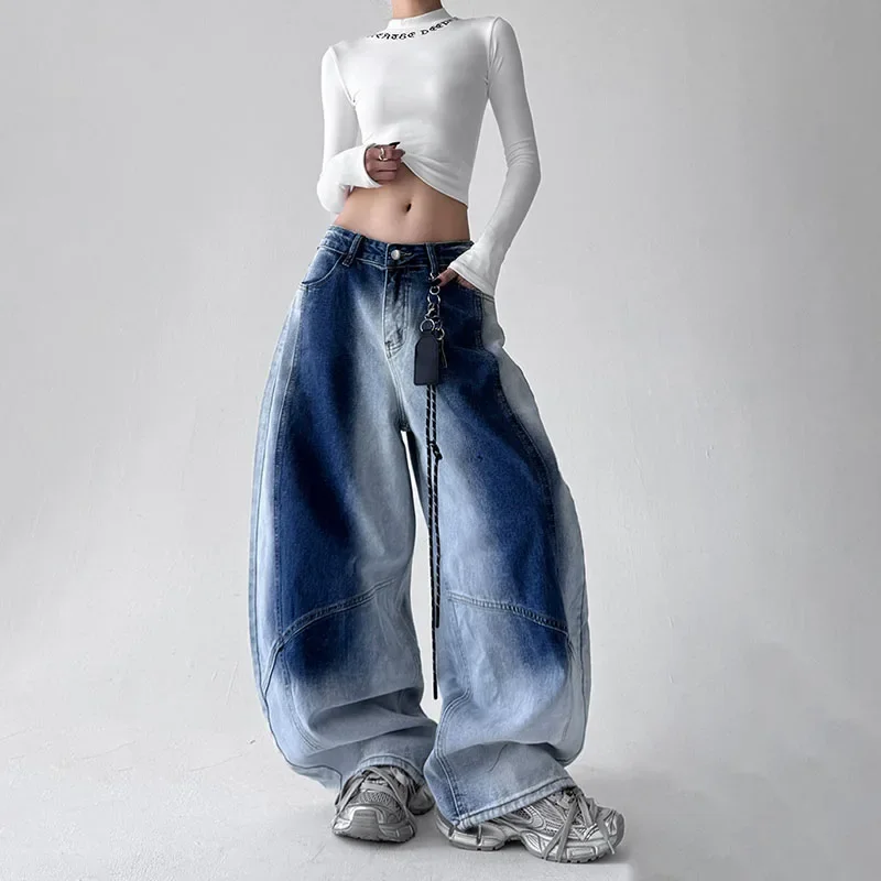 

Корейские джинсы с градиентом в стиле ретро для женщин, прямые брюки, широкие повседневные брюки, синие джинсы, брюки Y2k, мешковатые брюки без подвески