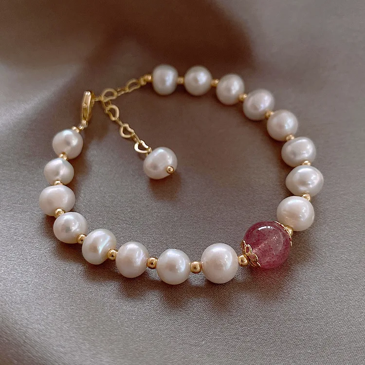 High Quality 100% Baroque Freshwater Pearl & Strawberry Quartz Female Bracelets Jewelry For Women Valentine\'s Day Gifts No Fade