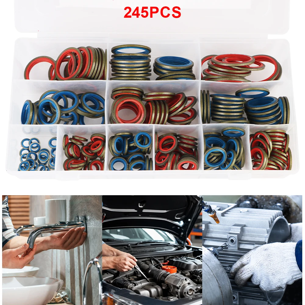 Multi-purpose High Press Hydralic Rubber Oil Pipe Seal Gasket Seal Ring Assortment Kits NBR Metal 6-30mm 245PCS