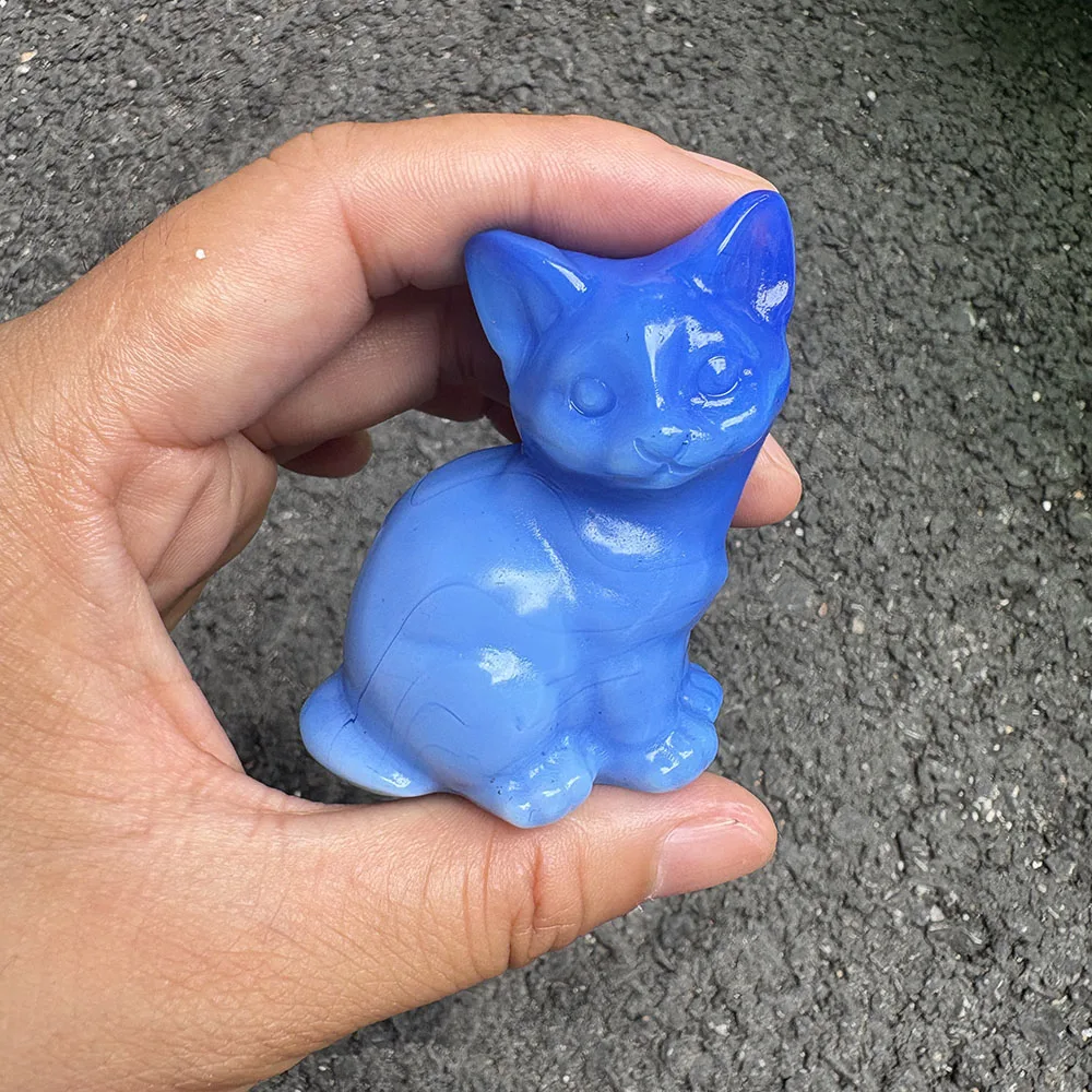 Custom Synthetic Blue Opal Cat Figurine - 6cm Vibrant Lab Opal Sitting Kitty Statue Collectible Home Decor