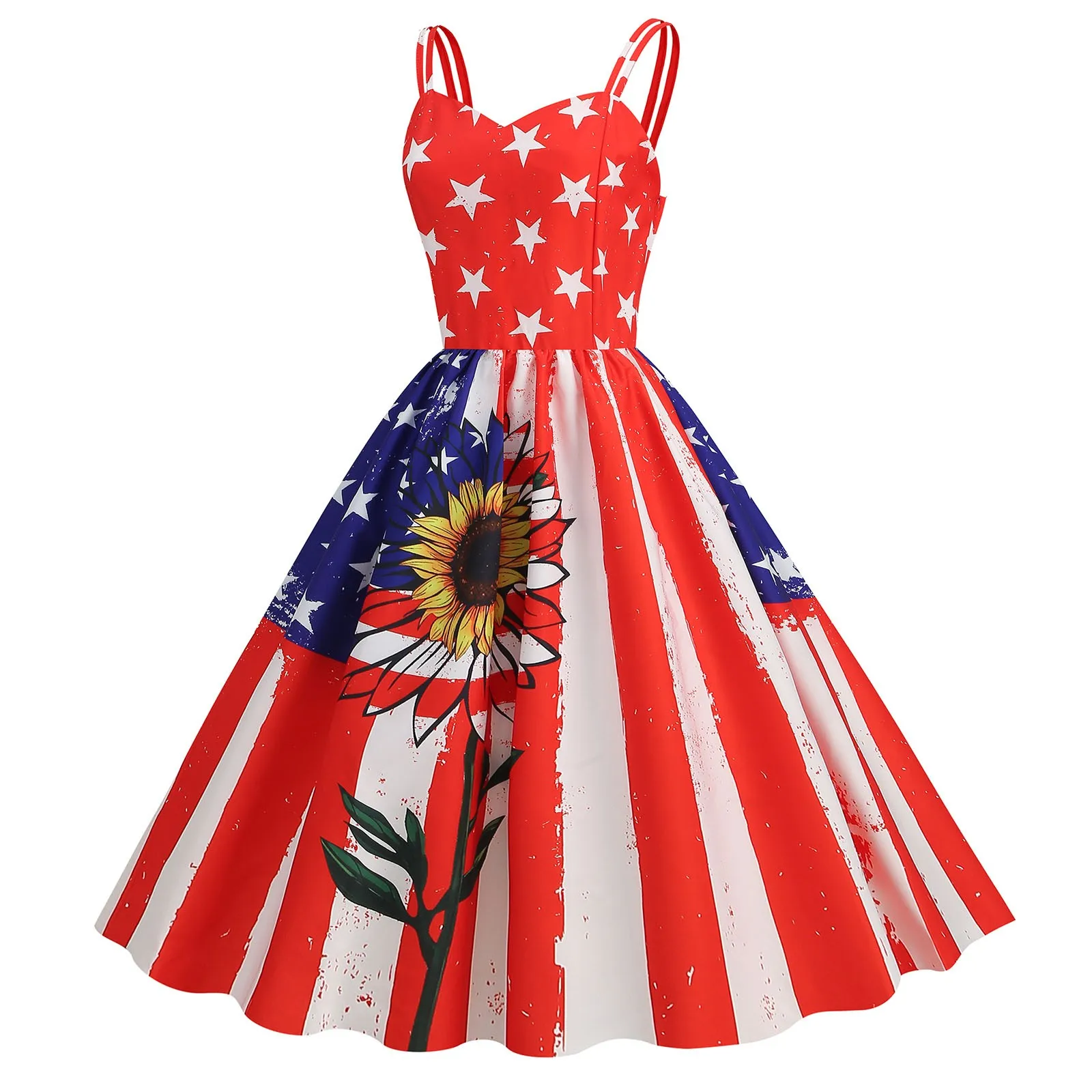 Independence Day Female Summer Sexy Suspender American Flag Print Vintage Large Swing Dress Size Slim Formal Dresses for Women