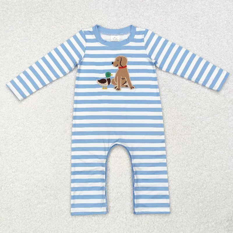 

8.19y Western style baby boys romper boutique wholesale embroidered duck and puppy blue and white striped long sleeve onesie