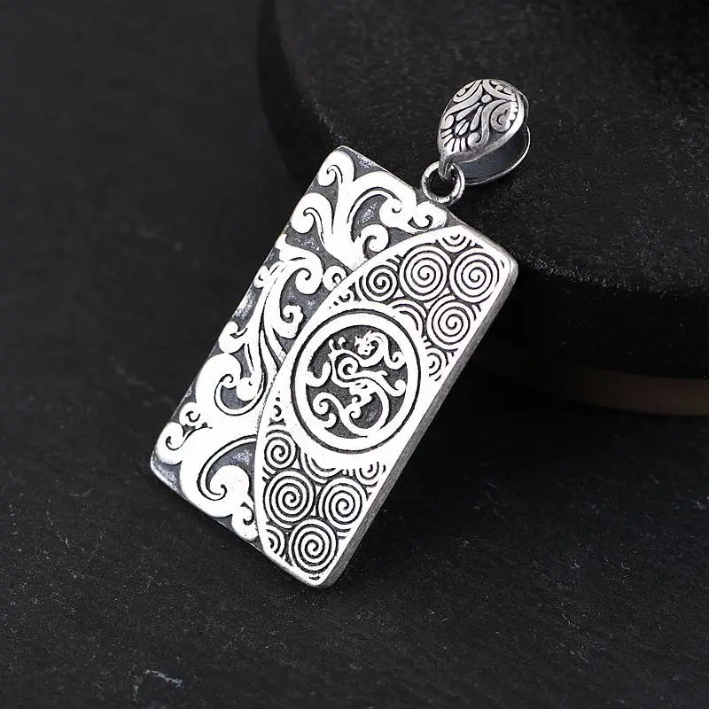 BOCAI New S925 Silver Marcasite's Retro Ethnic Style Xiangyun Ruyi Wen Tai Yinfang Man Pendant