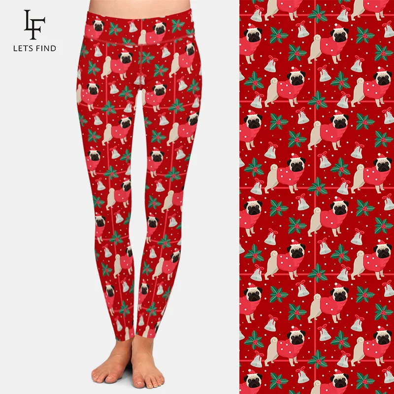 LETSFIND Winter New Women High Waist  Elastic Leggings 3D Christmas Pugs Printing Milk Silk Print Casual Leggings