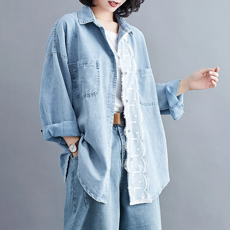 2022 Spring Autumn Women Shirts Denim Loose Oversized Blouses Long Sleeve Female Tops Loose Korean Style Blusas