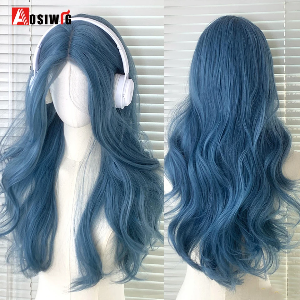 

AOSI Synthetic Cosplay Medium Long Wavy Blue Wigs With Bangs Party Lolita Wig For Women Heat Resistant Fiber Hair