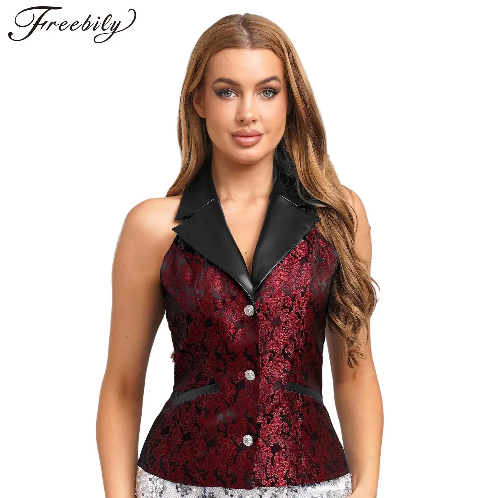 

Women Retro Gothic Jacquard Vest Outerwear Soft Leather Lapel Vintage Medieval Steampunk Waistcoat for Halloween Theme Party