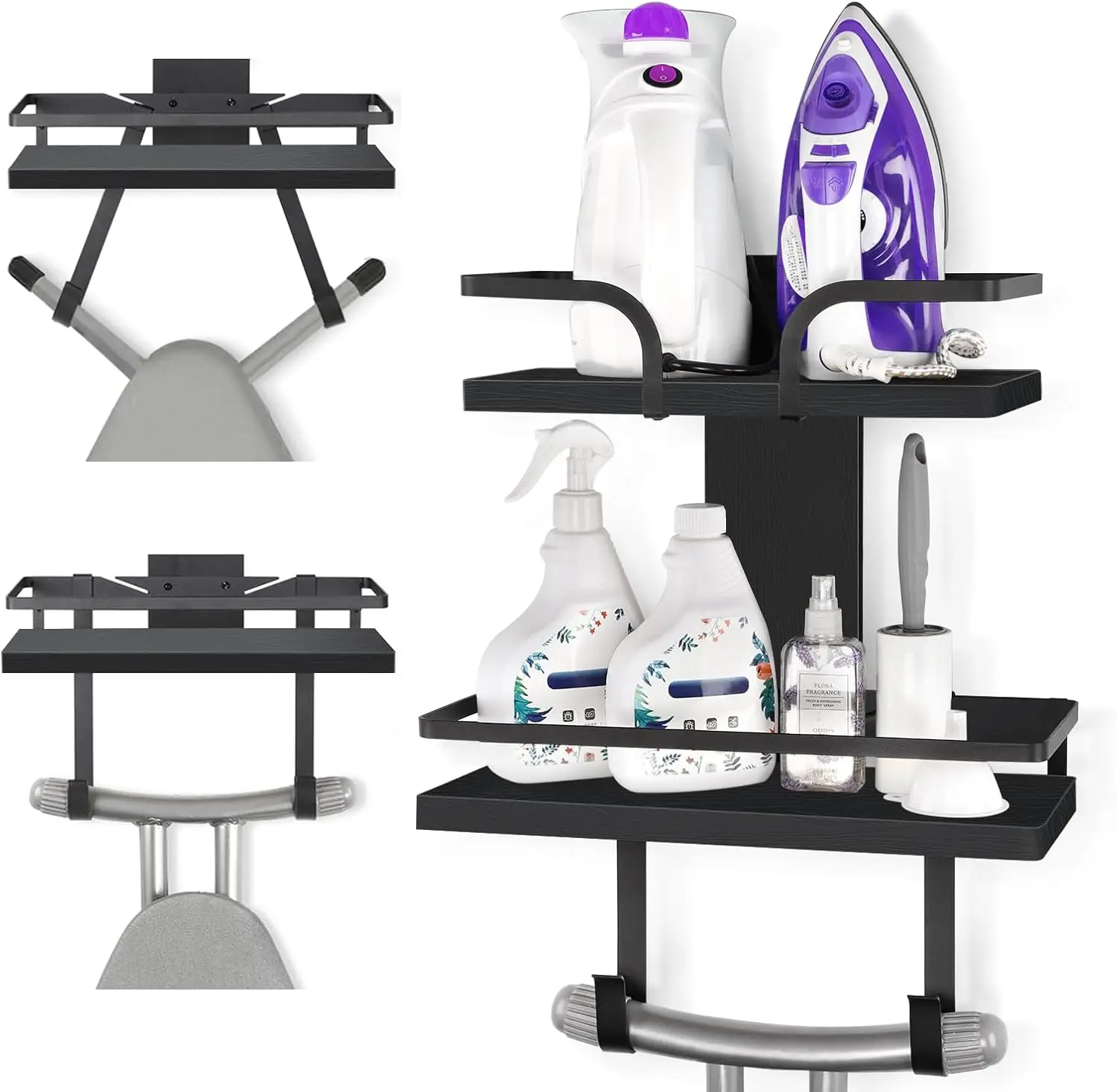 

Настенный держатель для гладильной доски с 2-уровневыми полками из массива дерева и съемными крючками для домашнего хранения