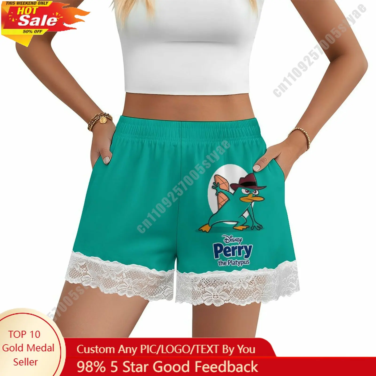 

Perry The Platypus Short Pajama Pants Disney Cartoon Women Summer Lace Trim Thin Panties Custom Loose Home Casual Shorts