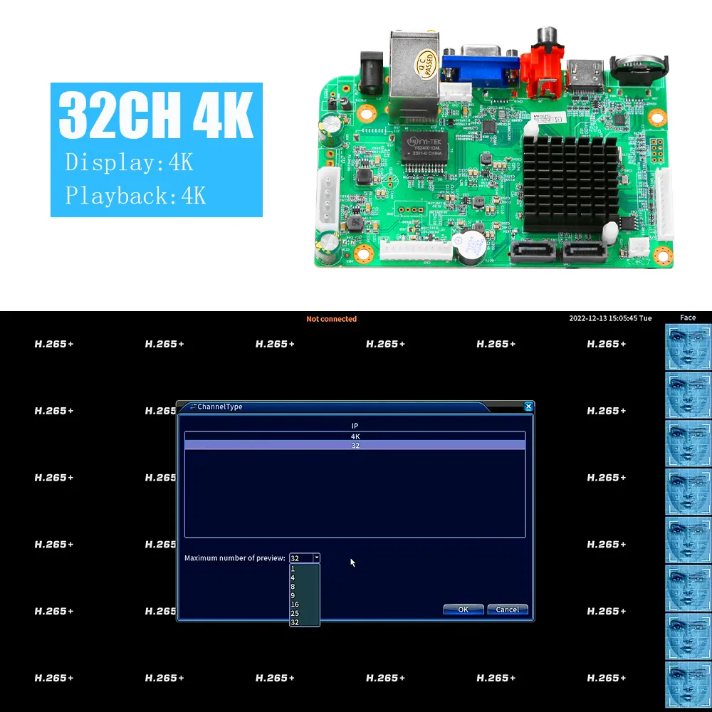 XM Chip CCTV 9CH 16CH 32CH 4K NVR Mother board H.265+ Network Video Recorder For 5MP 8MP IP Camera Support Face Detection ONVIF