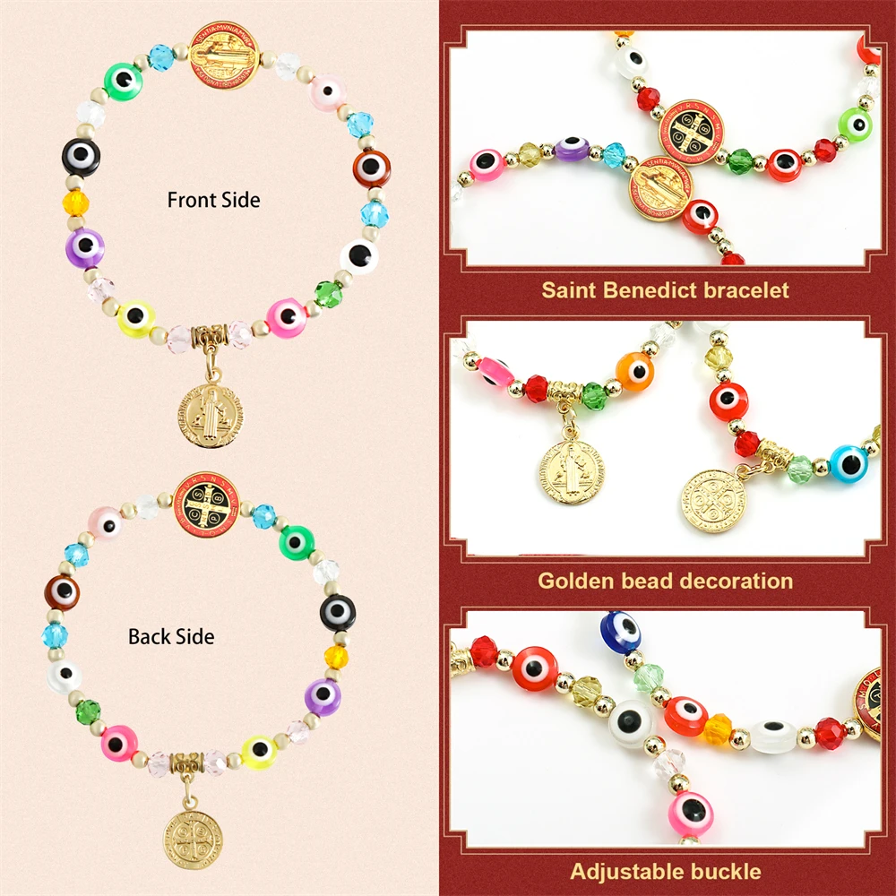 12PCS San Benito Bracelets Colorful Evil Eye Beads Elastic thread Catholicism Saint Benedict Medal Pendant Handmade Bracelet