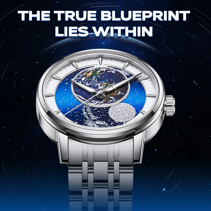 MARK FAIRWHALE Men's Automatic Mechanical Watch Metal Case Strap Waterproof Starry Sky Dial Fashion Wristwatch 2 Colors