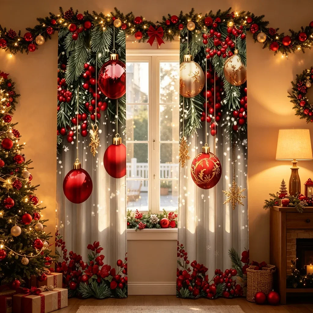 Elegant Christmas Window Curtain Set with Warm Lights and Festive Garland for Seasonal Home Decor