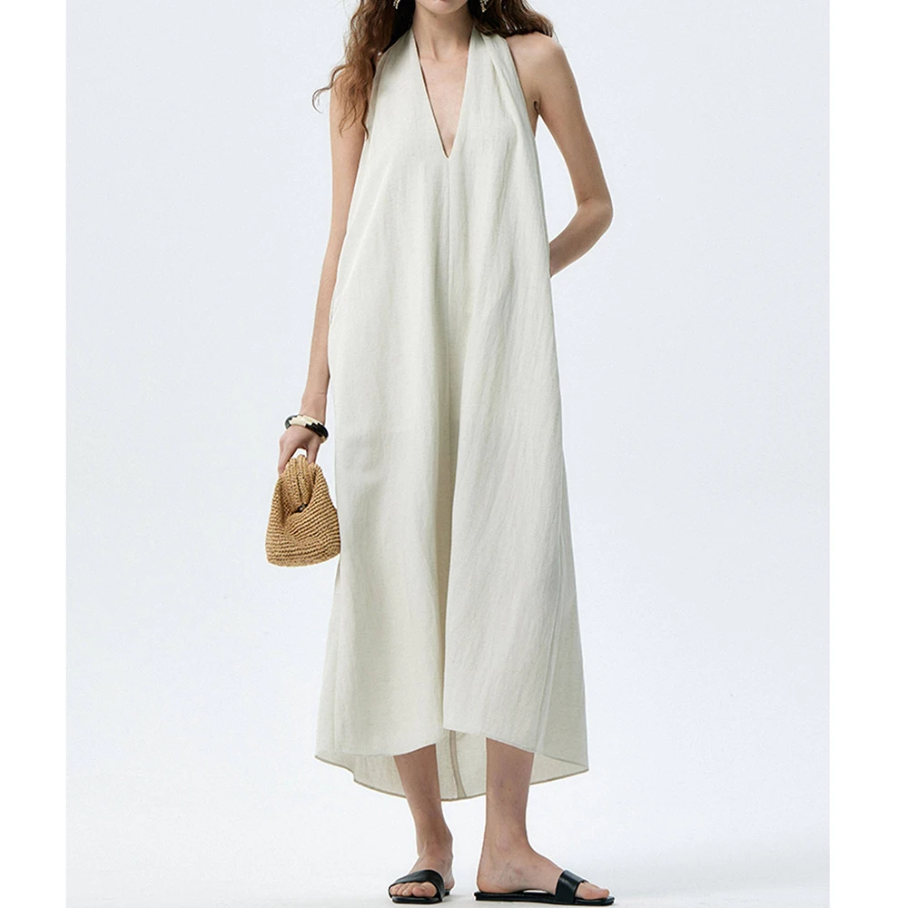 

French high-end fashion summer seaside vacation style neck white dress medium and long V-neck vest skirt