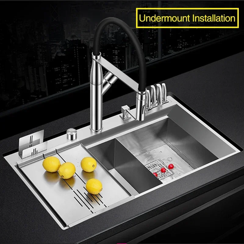 ASRAS Large Size Double kitchen Sink SUS 304 Stainless Steel Handmade Brushed 4mm Thickness Above Mount Sinks With Knife Holder