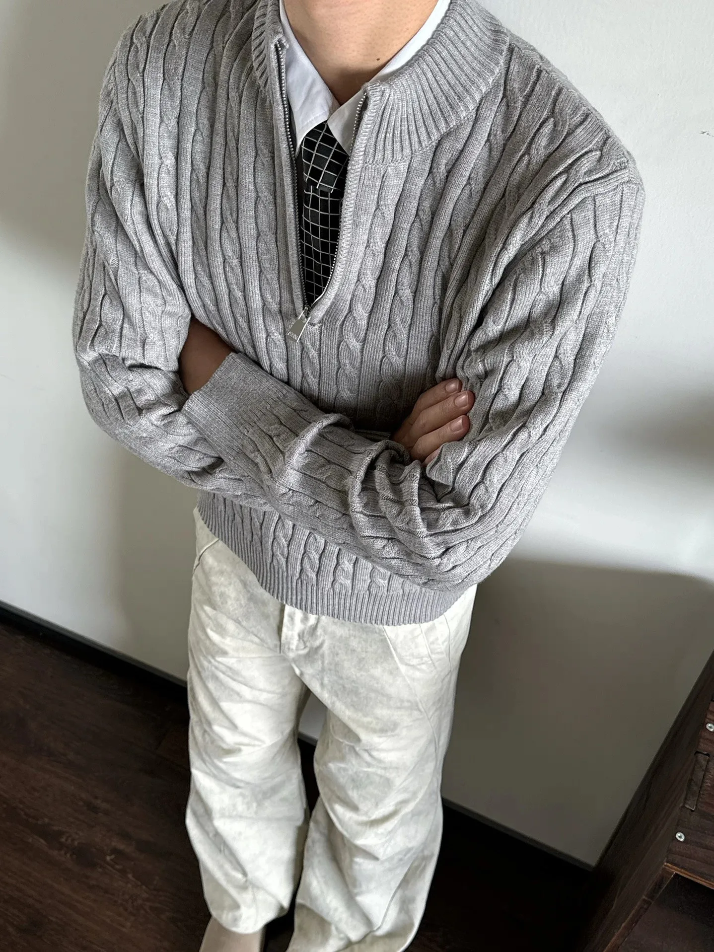 Maglione lavorato a maglia retrò americano da uomo autunno inverno pigro casual versatile collo alto f zip fibra di poliestere lungo Sve Swe...