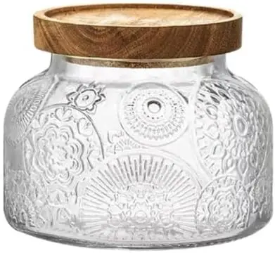 

ANSQU Vintage Glass Storage Jar 25.4 FL OZ with Wooden Lid – Large Flower Design for Coffee, Sugar, Candy