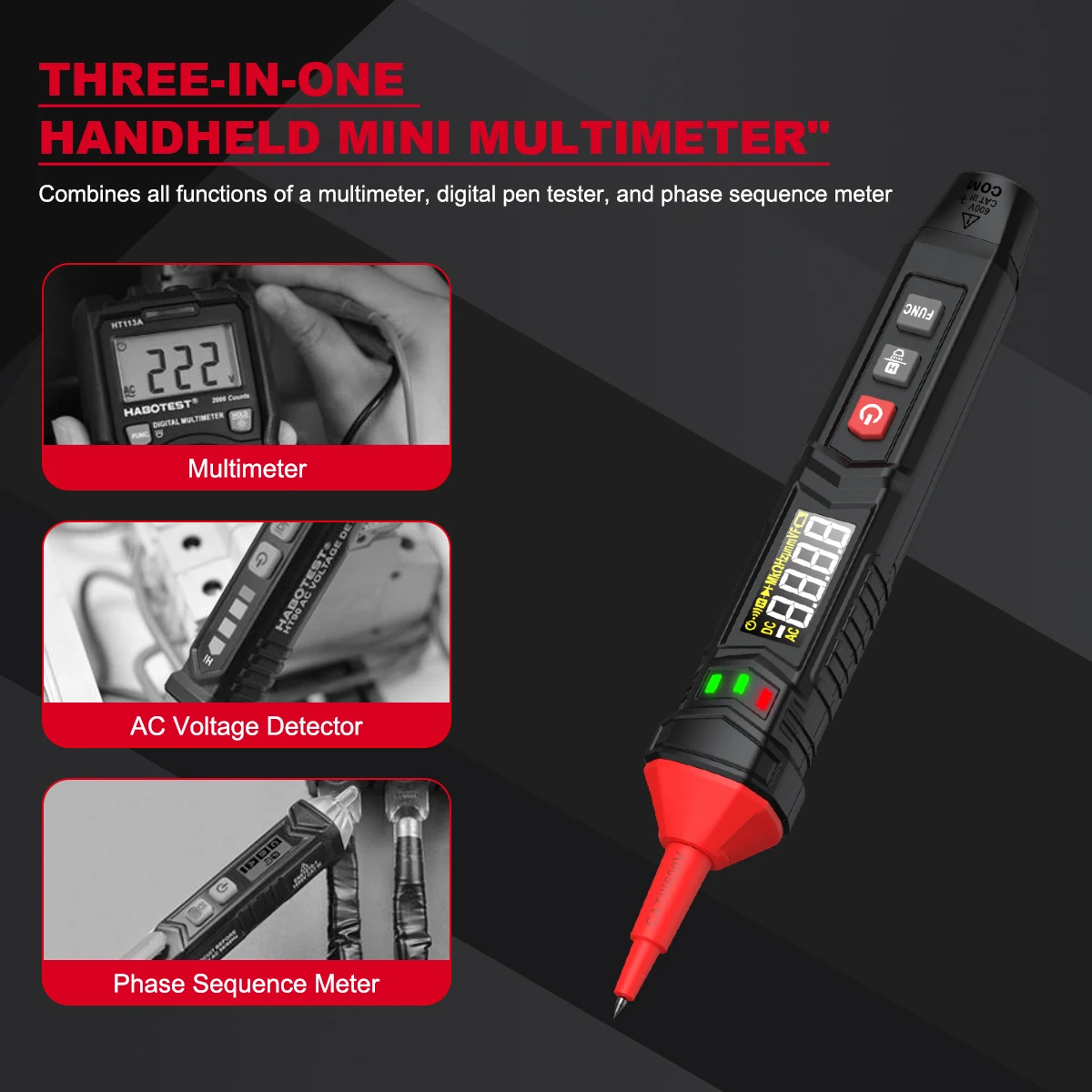 HABOTEST HT121 Digital Pen Type Multimeter Smart Voltage Tester Voltmeter Auto Range Resistance Capacitance True RMS Multi-meter