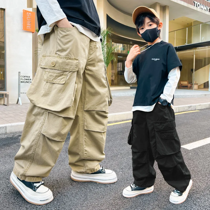 Teenage Boys Wide Leg Cargo Straight Leg Pants Children Trousers 2024 Spring New Feet Draw Rope Two Wear Casual Pockets Pants