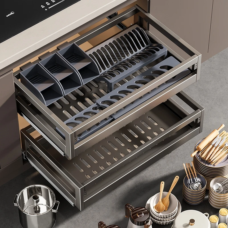 Kitchen cabinet pull basket 304 stainless steel double layer drawer type cupboard rack storage dishes built-in bowl