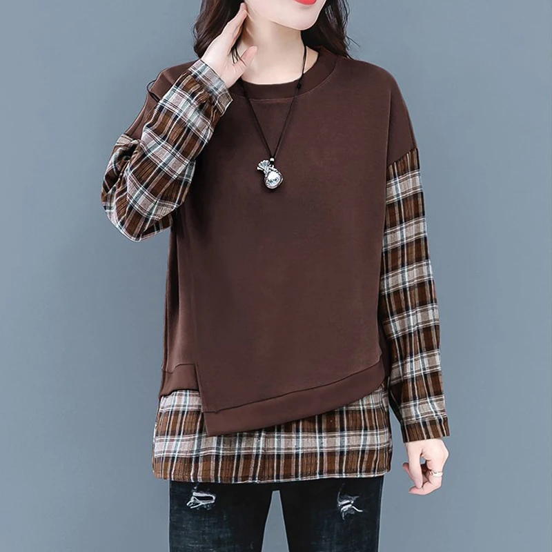 Women Trendy Retro Casual Streetwear Plaid Patchwork Asymmetrical Sweatshirts Y2K Female O Neck Long Sleeve Loose Pullover Tops