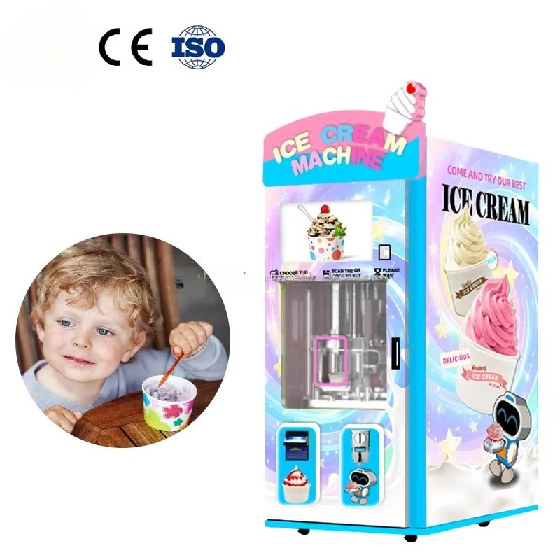 Customized Fully Automatic Commercial Soft Serve Ice Cream Vending Machine Three Flavors Popular Robot Design with SDK Function