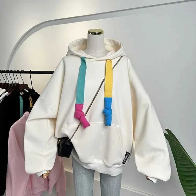 Korean 2024 Women's Spring Autumn New Splicing Pullovers Hooked Fashion Pocket Solid Color Versatile Casual Long Sleeve Hoodies