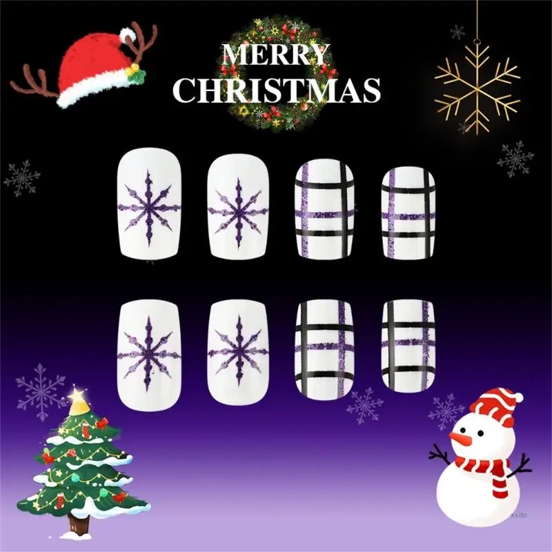 24x Short False Nail Christmas Press On Nail Glittering Stripes Full Cover Stick on Nail Snowflake Artificial Nail