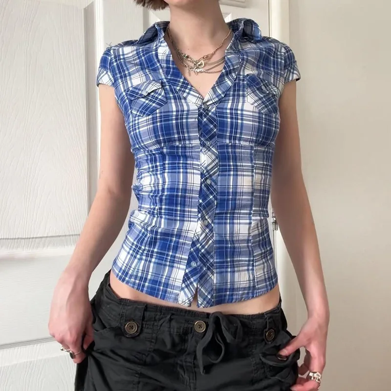 

2026 Blue and White Lapel-breasted Plaid Short-sleeved Shirt Waist Jacket
