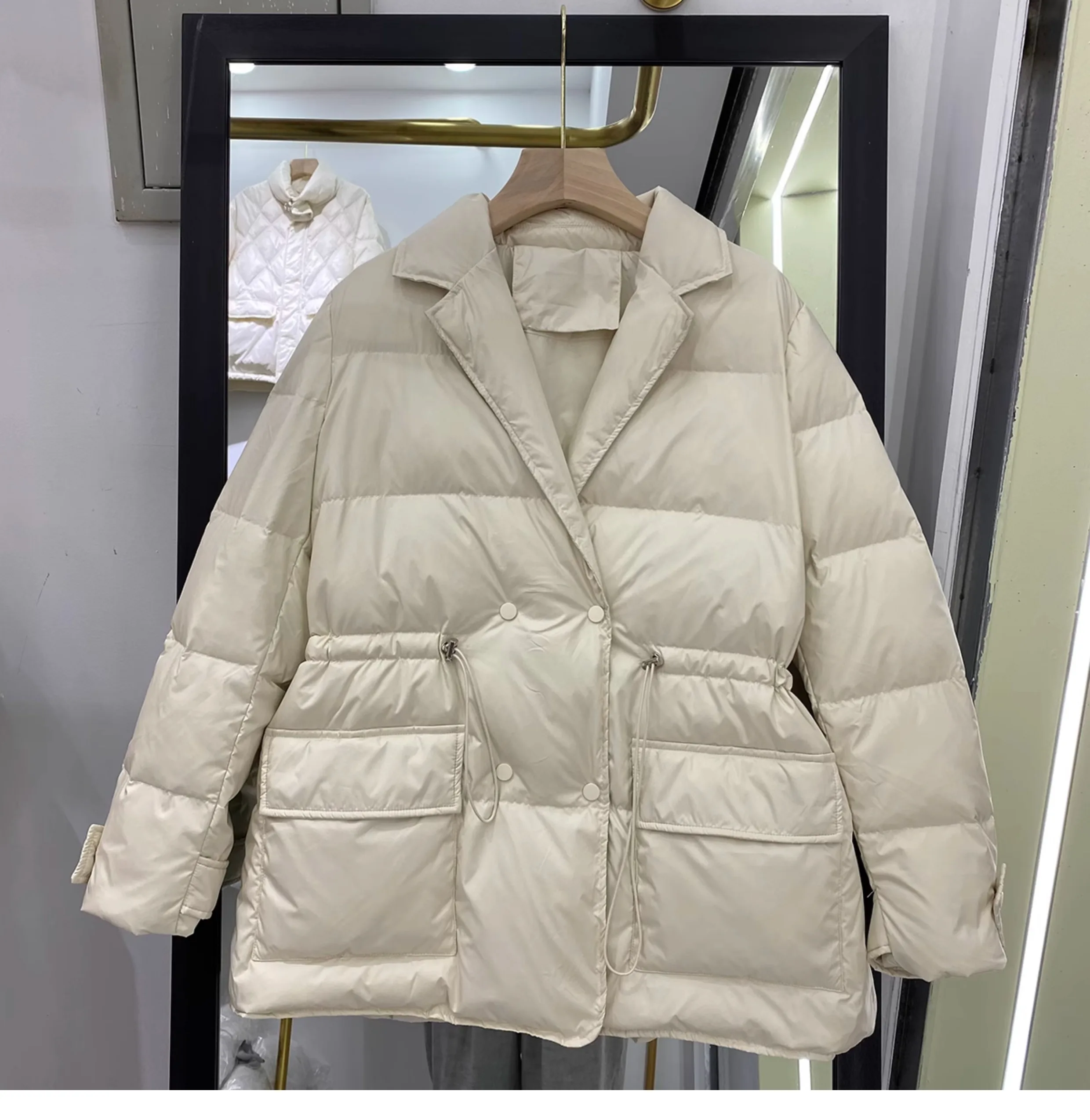 

2023 New Winter Women White Duck Down Coat Casual Lady Drawstring Puffer Outwear Female Notched Collar Double Breasted Coat