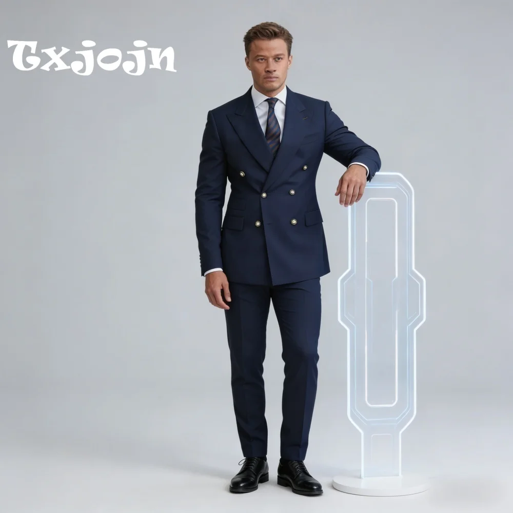 

Luxurious Navy Peak Lapel For Men Wedding Formal Double Breasted 2PCS Suit Groom Suit Set Jacket Pants Occasion Customized