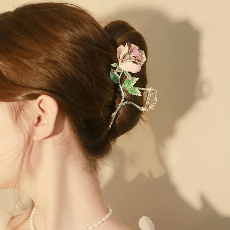 Pink Purple Rose Hair Claw Elegant Vintage Flower Hair Grab Clip Accessories Chinese Style Shark Clips Girls Hair Styling Tools - Image 5