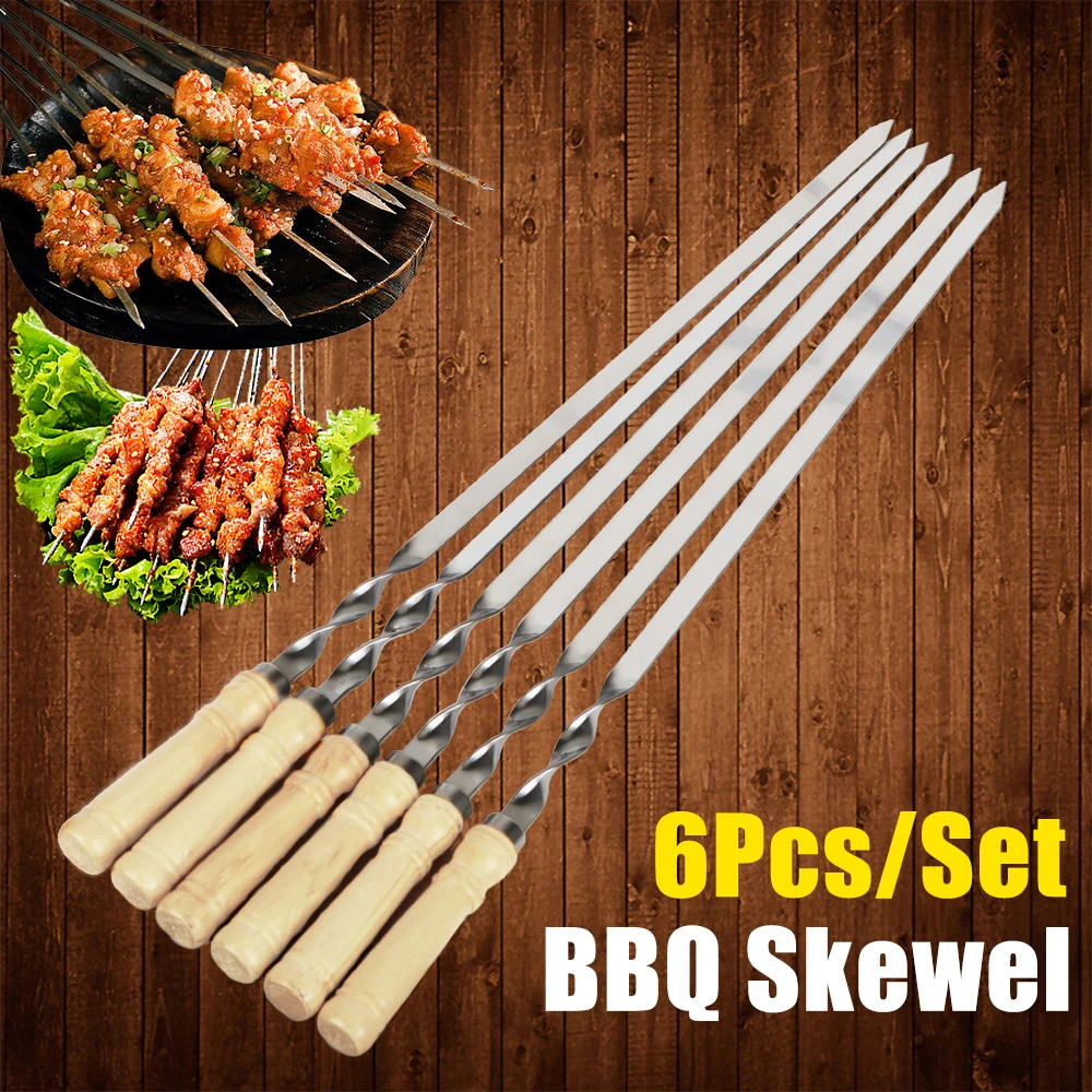 Tenedor de barbacoa de madera, aguja para parrilla al aire libre de acero inoxidable, 55cm, 21,65 ", palo para parrilla de barbacoa, mango largo, brochetas para barbacoa Shish Kebab