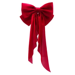 Elegant Red Streamer Large Bow Ribbon Hair Clip For Women Fashion Simple Solid Satin Ponytail Bow Hairpin Girls Hair Accessories