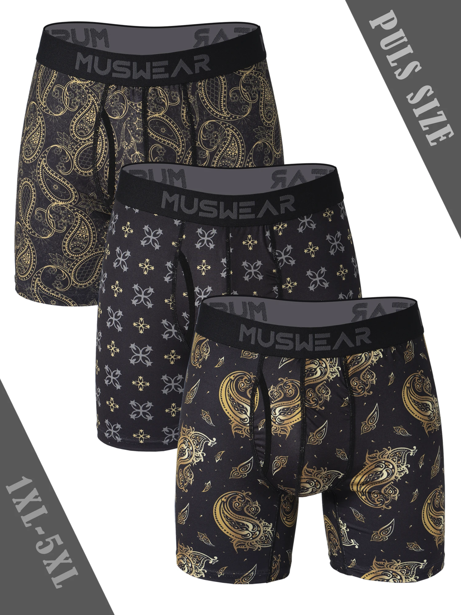 

3 шт. MUSWEAR: Мужские трусы-боксеры больших размеров с боковым открытием, двусторонним начесом, высокой эластичностью и быстрым высыханием