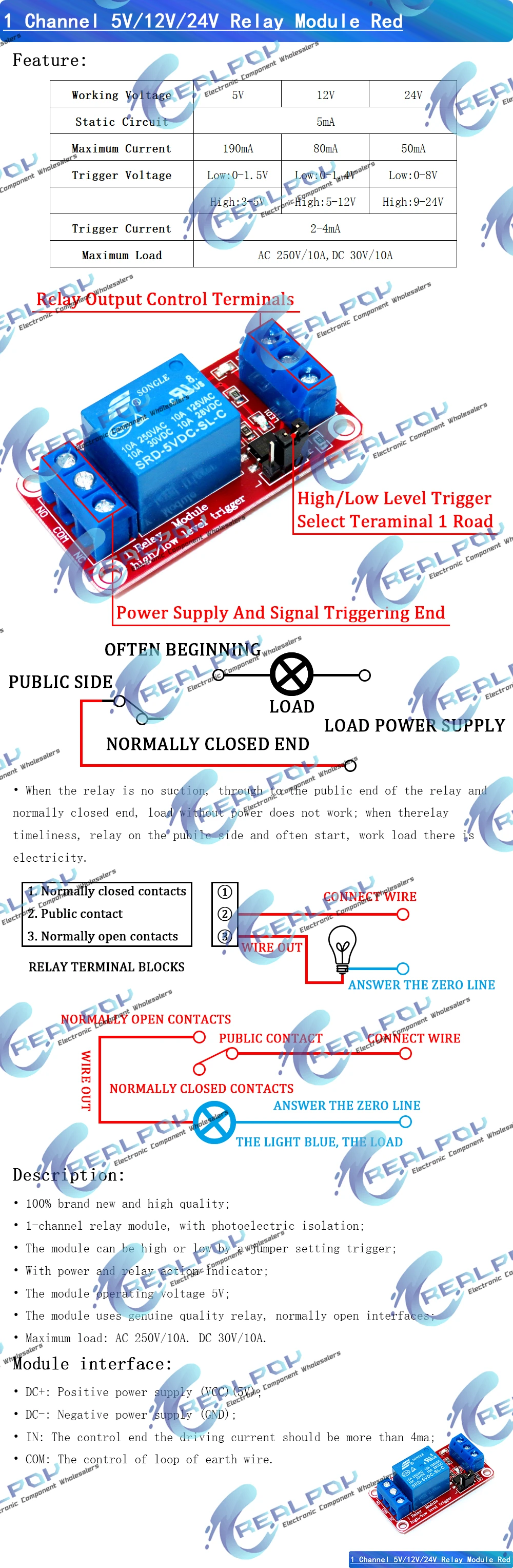 Realpoy 5V 12V 24V 1 2 4 6 8 Kanal Relaismodul mit Optokoppler, unterstützt Hoch- und Niederpegelauslösung, 1-Kanal für Arduino – Detail 1