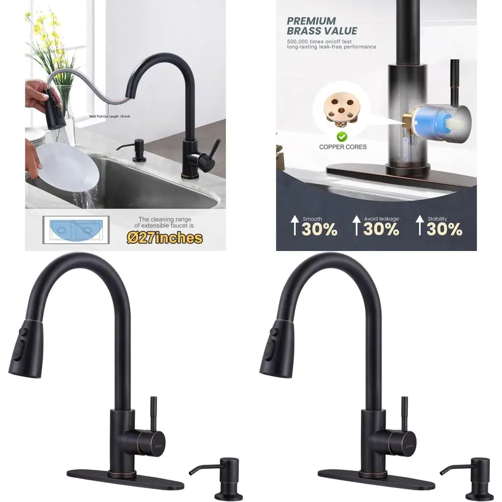 

Single Handle Pull-Down High Arc Faucet with Soap Dispenser in Oil-Rubbed Bronze and Deck Plate for Kitchen Sinks