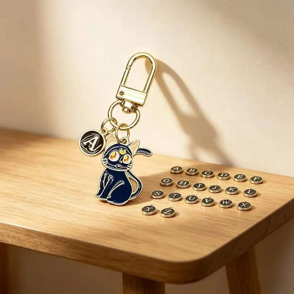 

Cartoon Cute Metal Material Keychain Black and White Cat Letter Keyring Couple Style Bag Pendant Exquisite Petite Key Chain Gift