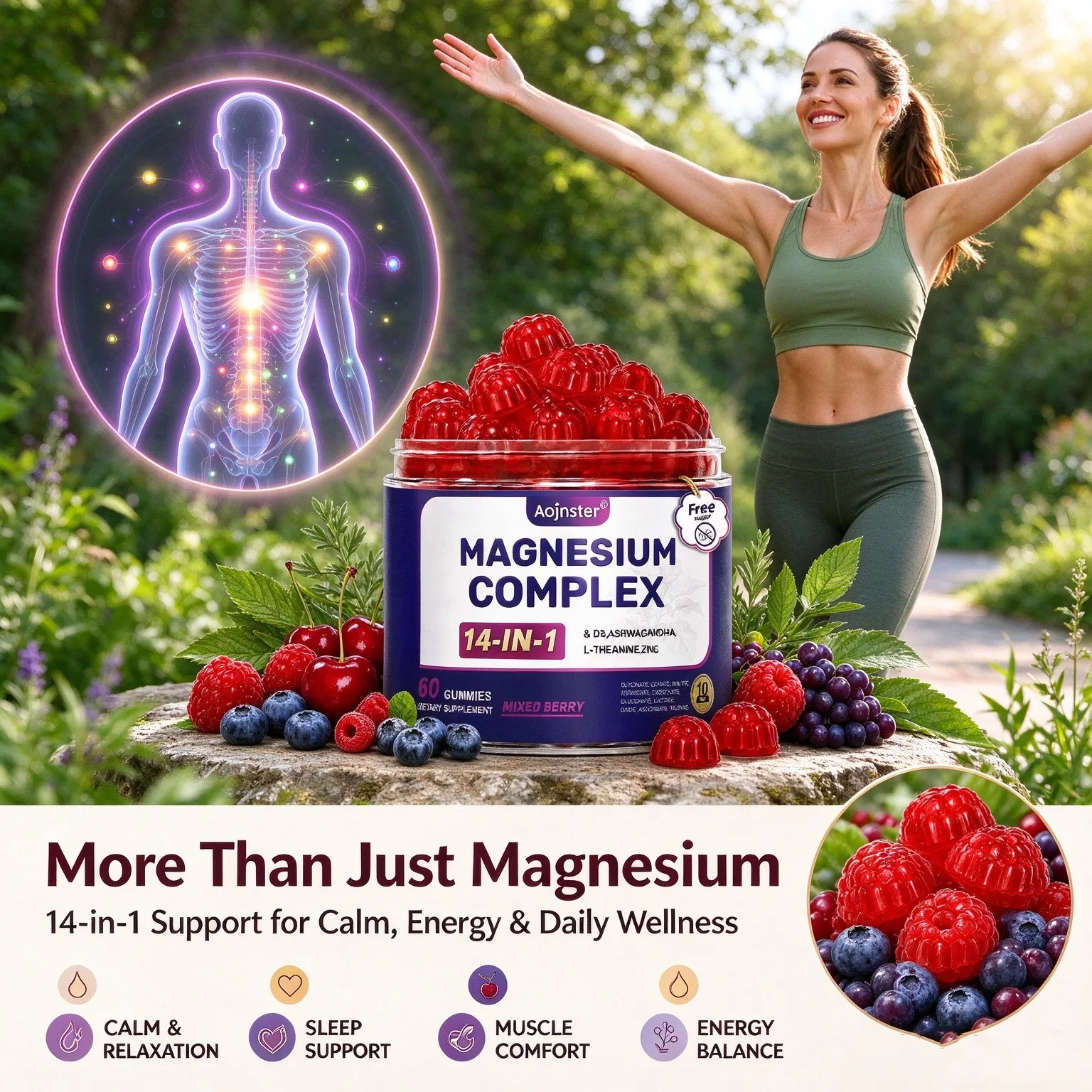 Sugar Free 14-in-1 Magnesium Complex Gummies with D3,Ashwagandha,L-Theanine & Zinc,Mixed Berry Flavor,Easy Chew Daily Supplement